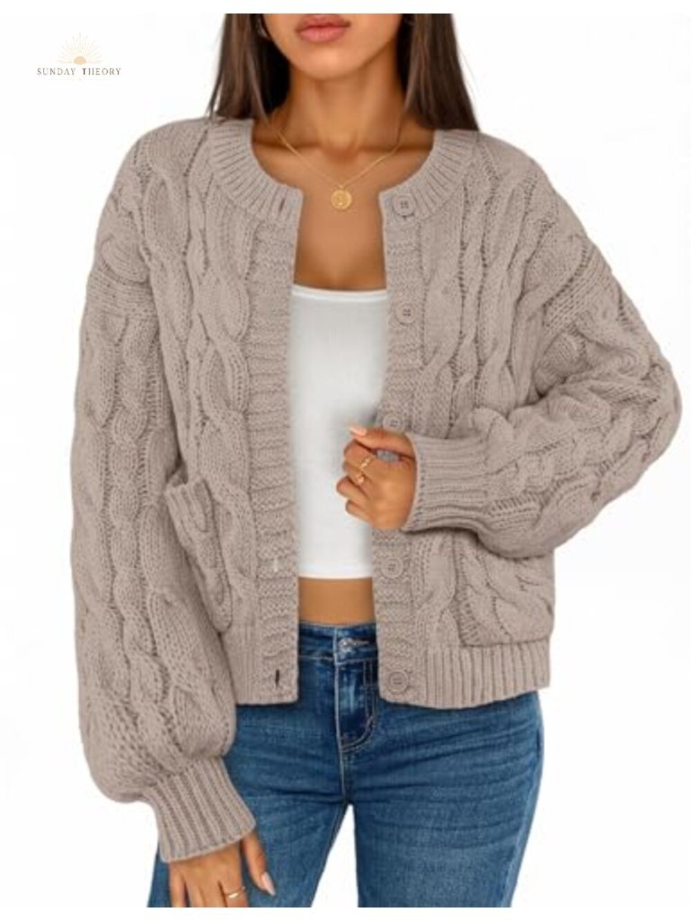 MEROKEETY Cable Knit Chunky Button Up Cardigan Crew Neck Long Sleeve Pocket